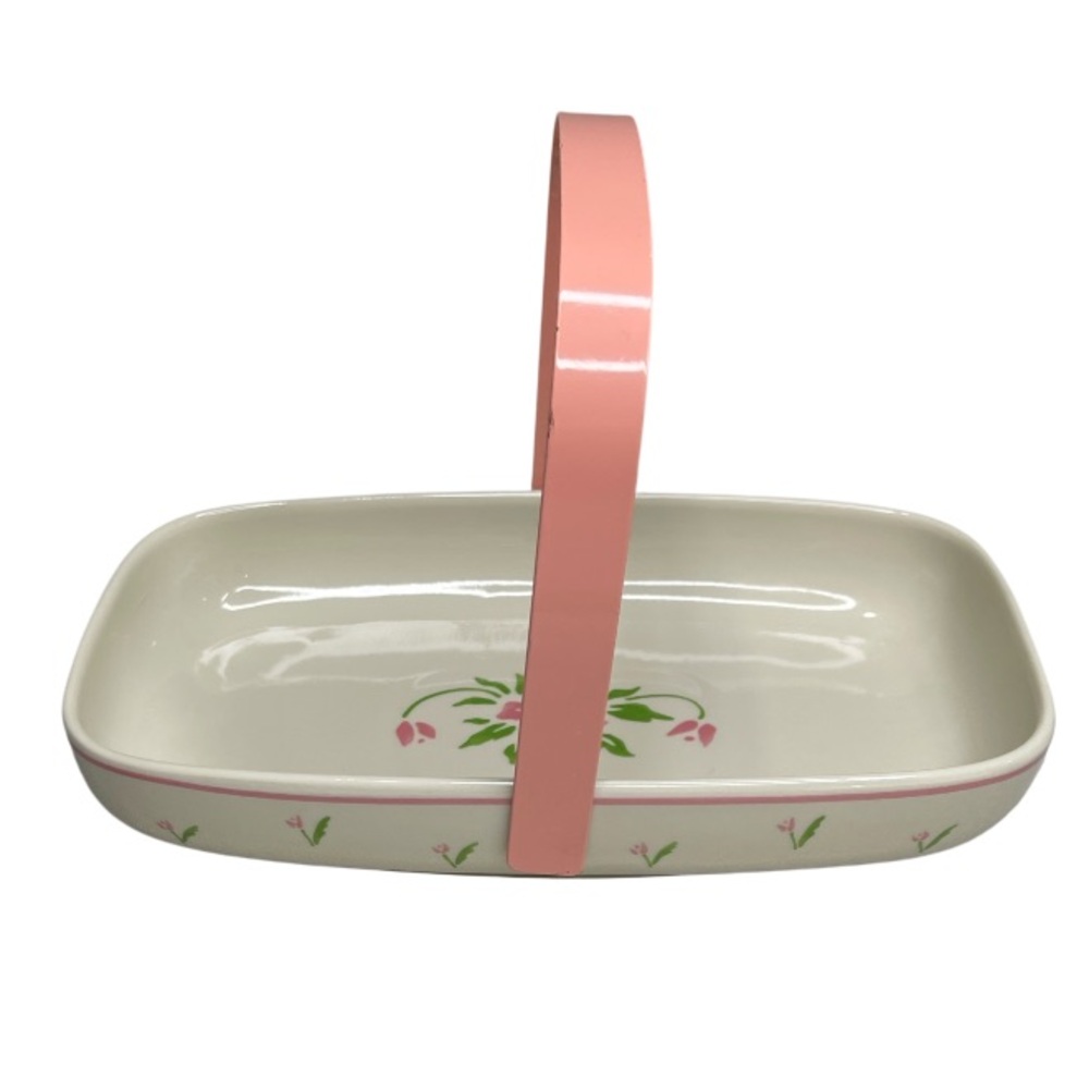 Vintage 1985 Teleflora Inc Floral Ceramic Serving Tray Basket Pink Metal Handle